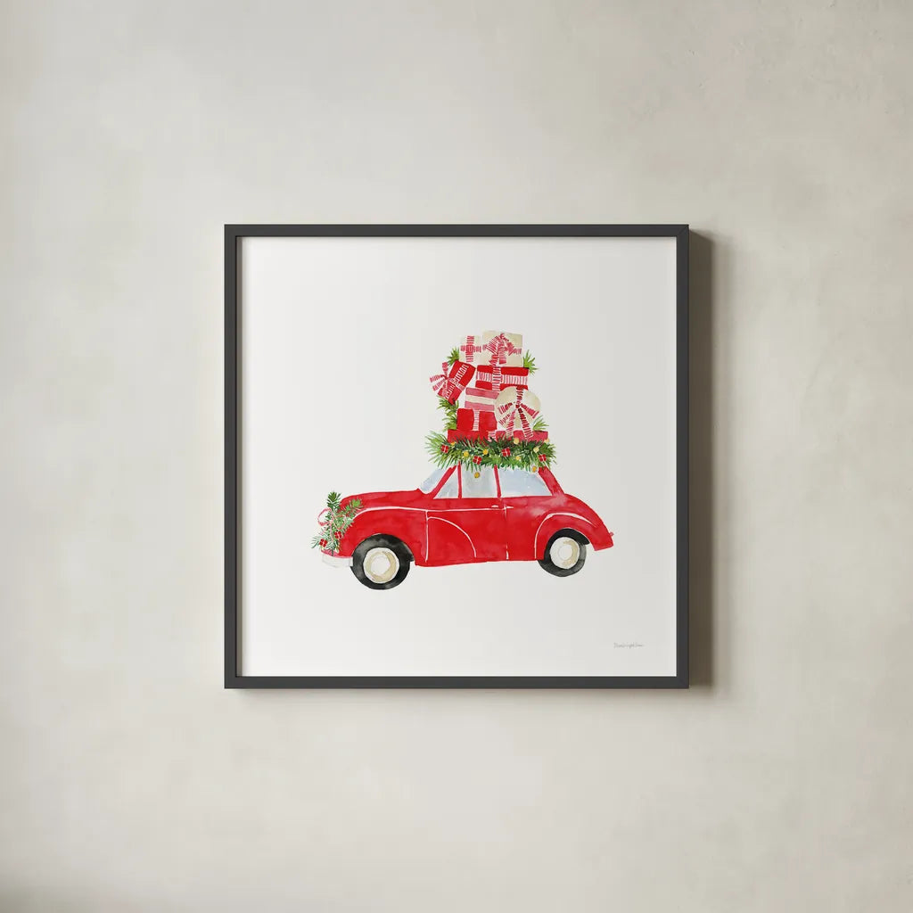 Little Red Holiday Car II by Mercedes Lopez Charro. Shown in a sleek black glass frame for a contemporary gallery look. Available as an archival giclee rolled canvas, fine art paper, or poster print. SKU 67975a.