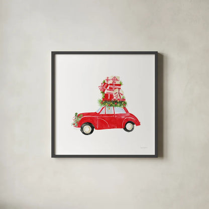 Little Red Holiday Car II by Mercedes Lopez Charro. Shown in a sleek black glass frame for a contemporary gallery look. Available as an archival giclee rolled canvas, fine art paper, or poster print. SKU 67975a.