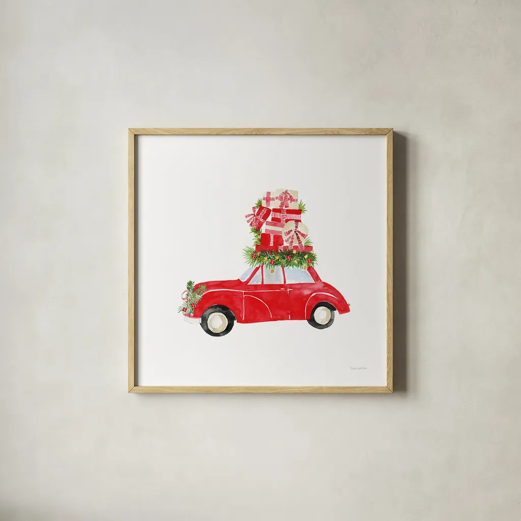 Little Red Holiday Car II by Mercedes Lopez Charro. Shown in a natural wood glass frame for a timeless modern aesthetic. Available as an archival giclee rolled canvas, fine art paper, or poster print. SKU 67975a.