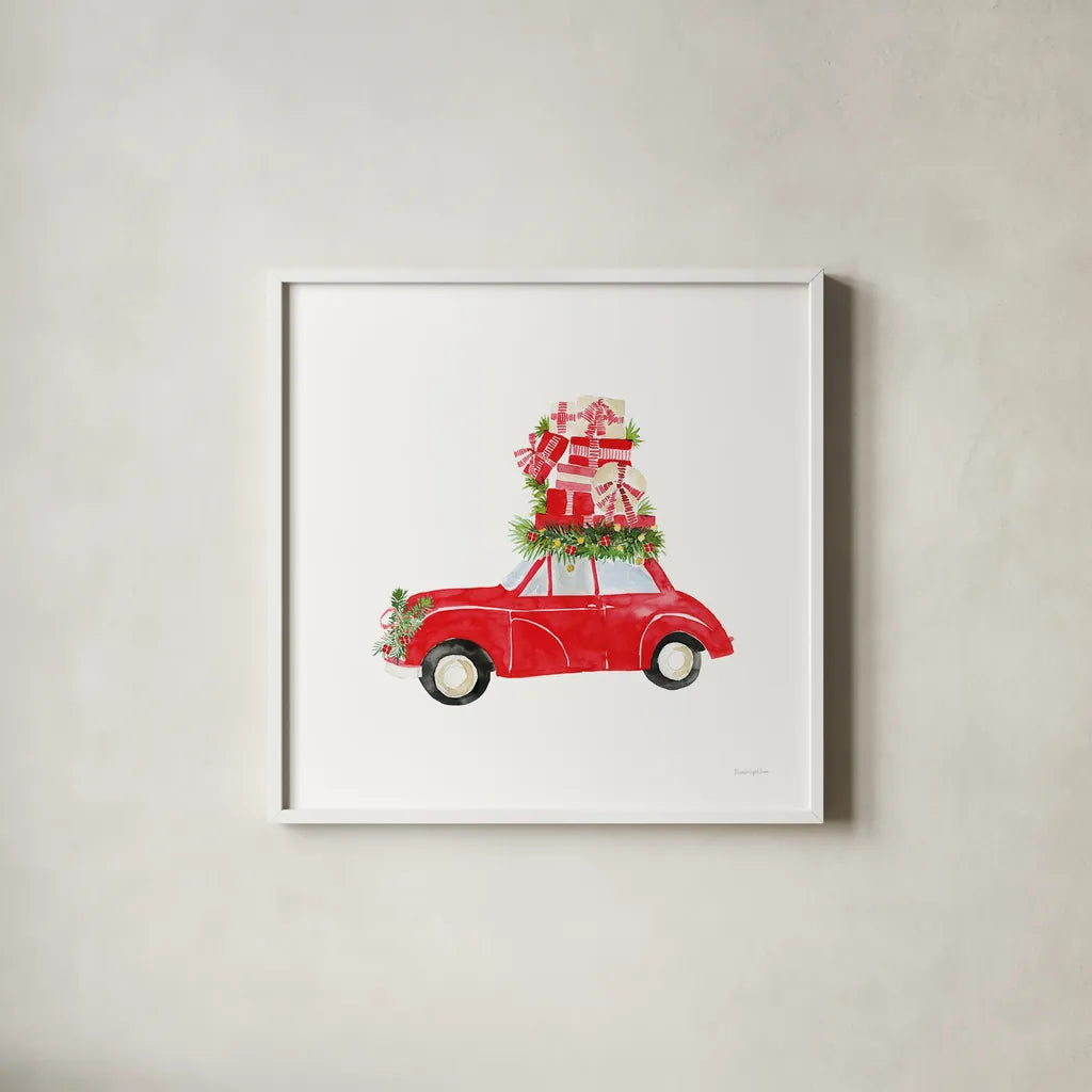 Little Red Holiday Car II by Mercedes Lopez Charro. Shown in a crisp white glass frame for a clean and minimalist style. Available as an archival giclee rolled canvas, fine art paper, or poster print. SKU 67975a.