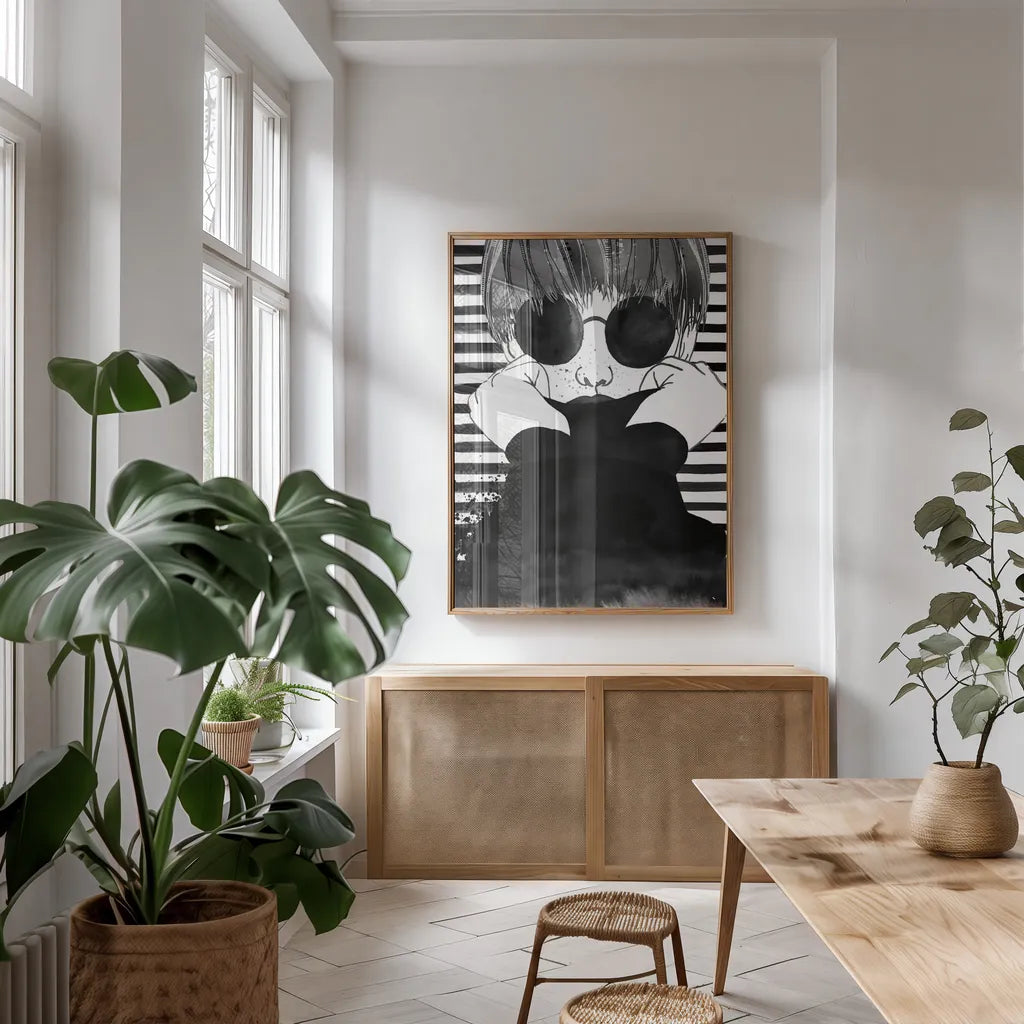 Looking for Paradise Plain Sunglasses by Mercedes Lopez Charro. shown as a print in a natural wood frame in a dining room. Available as a archival giclee rolled canvas, fine art paper, or poster print. SKU 73287h.