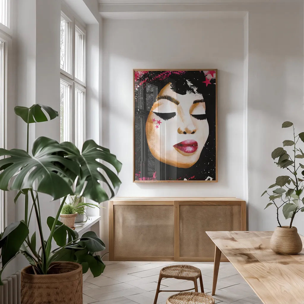 Love Star by Mercedes Lopez Charro. shown as a print in a natural wood frame in a dining room. Available as a archival giclee rolled canvas, fine art paper, or poster print. SKU 70521h.