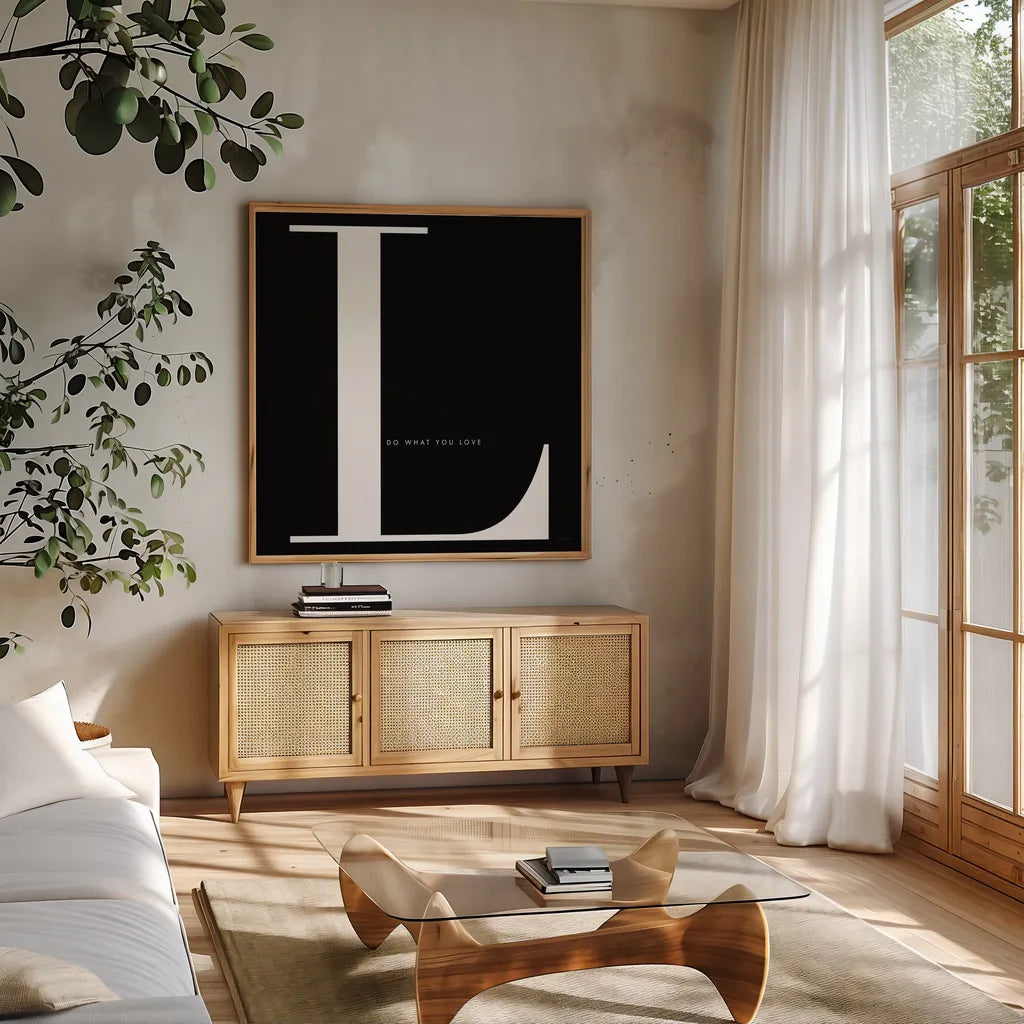 Love is for Love by Mercedes Lopez Charro. Shown in a natural wood frame in a cozy modern living room. Available as an archival giclee rolled canvas, fine art paper, or poster print. SKU 64143a.