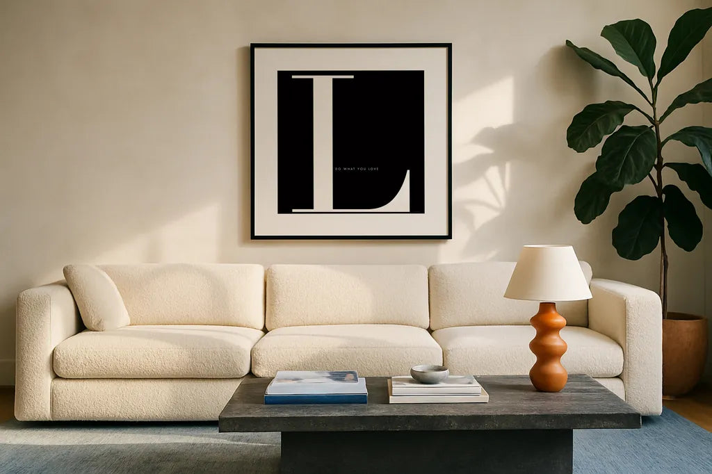 Love is for Love by Mercedes Lopez Charro. Displayed in a glass frame with matte in a clean modern living room. Available as an archival giclee rolled canvas, fine art paper, or poster print. SKU 64143a.