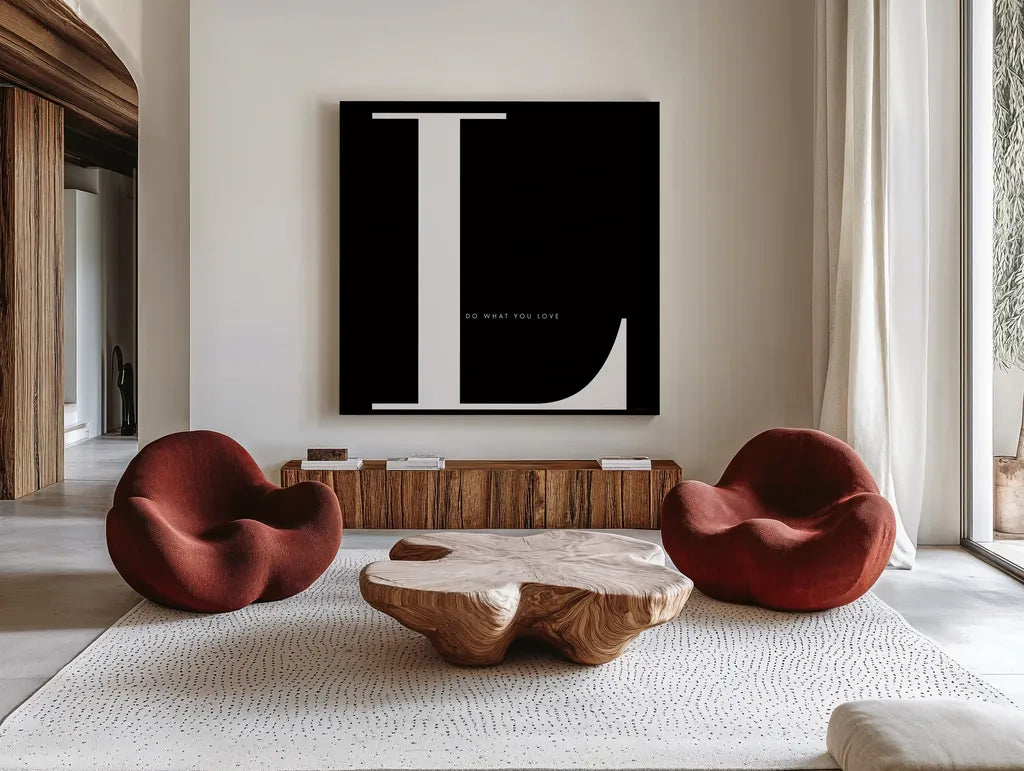 Love is for Love by Mercedes Lopez Charro. Shown as extra-large giant wall art in a modern living room. Available as an archival giclee rolled canvas, fine art paper, or poster print. SKU 64143a.