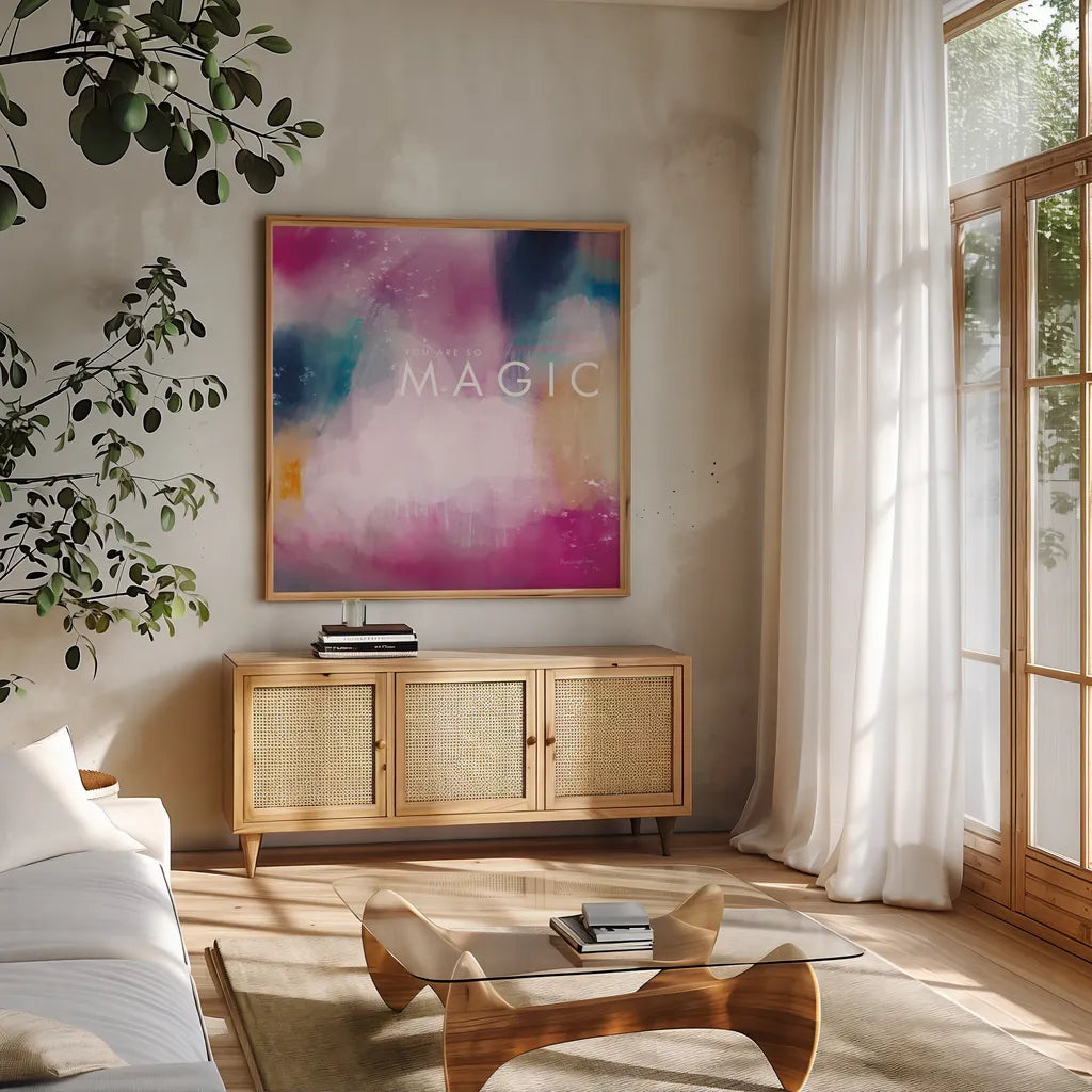 Magic by Mercedes Lopez Charro. Shown in a natural wood frame in a cozy modern living room. Available as an archival giclee rolled canvas, fine art paper, or poster print. SKU 67825a.