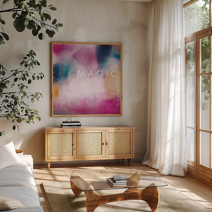 Magic by Mercedes Lopez Charro. Shown in a natural wood frame in a cozy modern living room. Available as an archival giclee rolled canvas, fine art paper, or poster print. SKU 67825a.