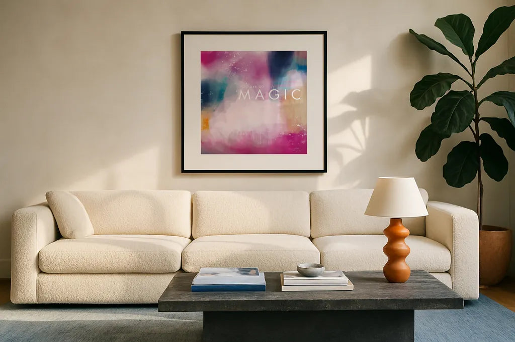 Magic by Mercedes Lopez Charro. Displayed in a glass frame with matte in a clean modern living room. Available as an archival giclee rolled canvas, fine art paper, or poster print. SKU 67825a.