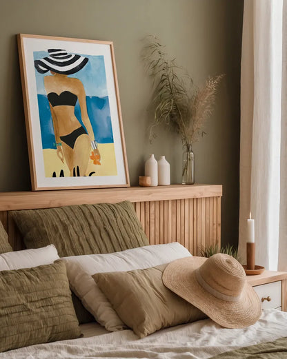 Mallorca Girl by Mercedes Lopez Charro. shown as a paper print in a natural frame. Available as a archival giclee rolled canvas, fine art paper, or poster print. SKU 79996h.