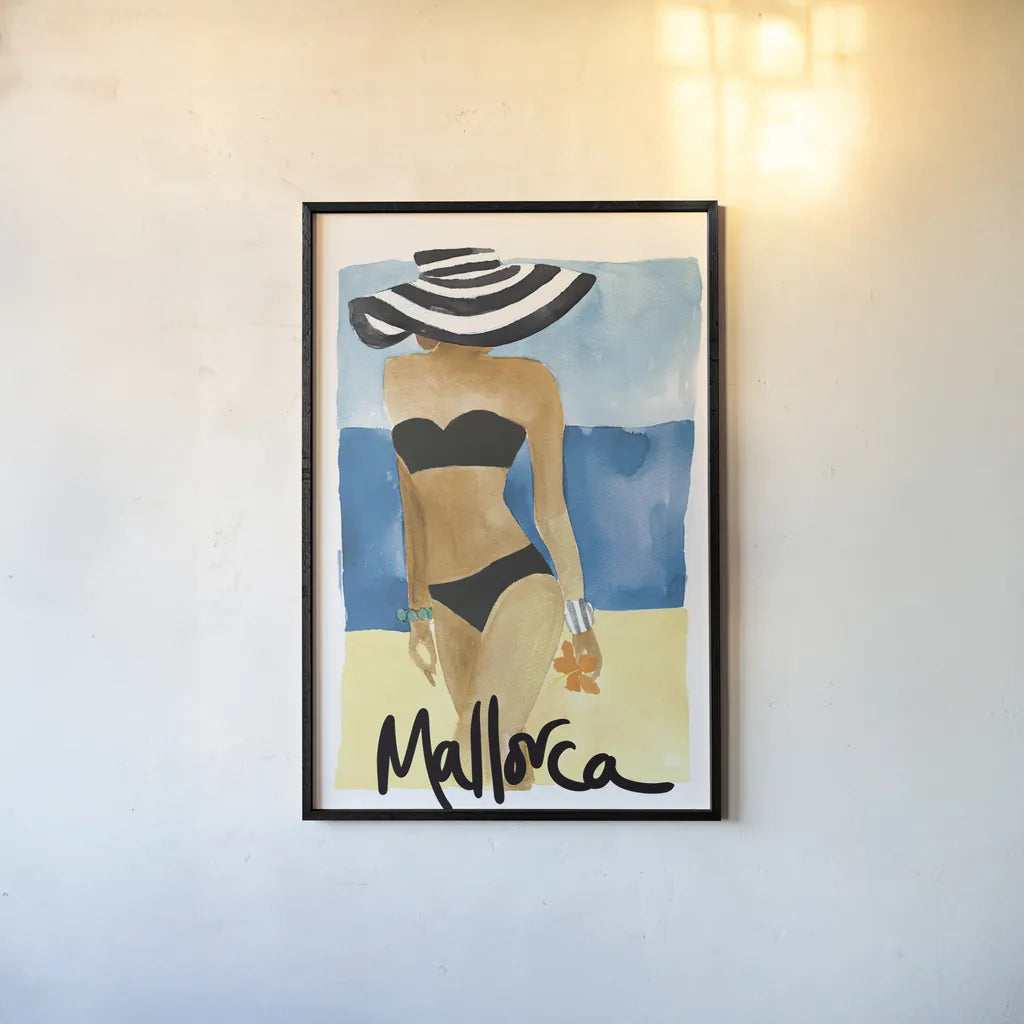 Mallorca Girl by Mercedes Lopez Charro. shown as a paper print in a black flame. Available as a archival giclee rolled canvas, fine art paper, or poster print. SKU 79996h.