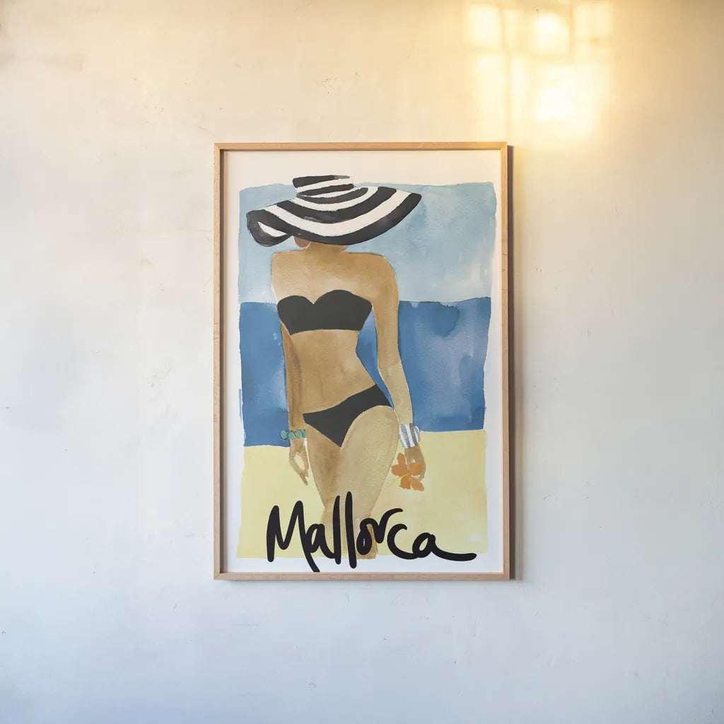 Mallorca Girl by Mercedes Lopez Charro. shown as a paper print in a natural frame. Available as a archival giclee rolled canvas, fine art paper, or poster print. SKU 79996h.