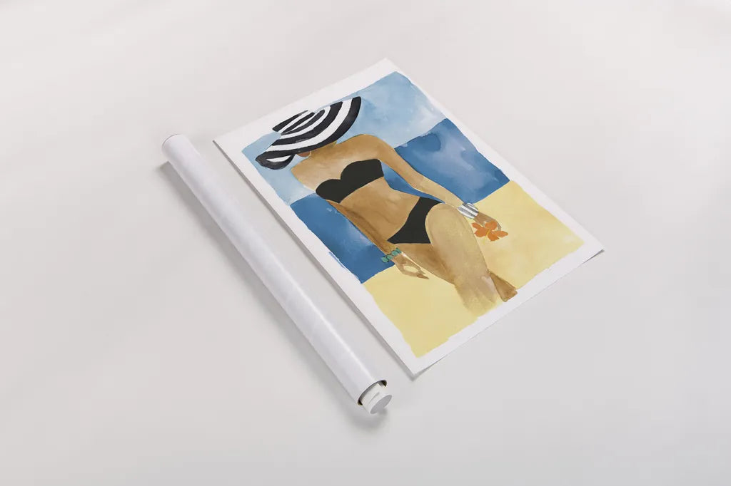 Mallorca Girl No Words by Mercedes Lopez Charro. shown as a rolled paper print. Available as archival giclee rolled canvas, fine art paper, or poster print. SKU 81062h.