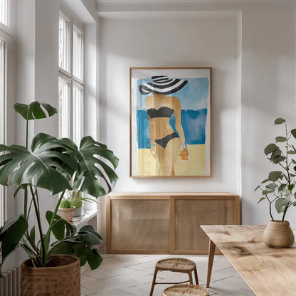 Mallorca Girl No Words by Mercedes Lopez Charro. shown as a print in a natural wood frame in a dining room. Available as a archival giclee rolled canvas, fine art paper, or poster print. SKU 81062h.