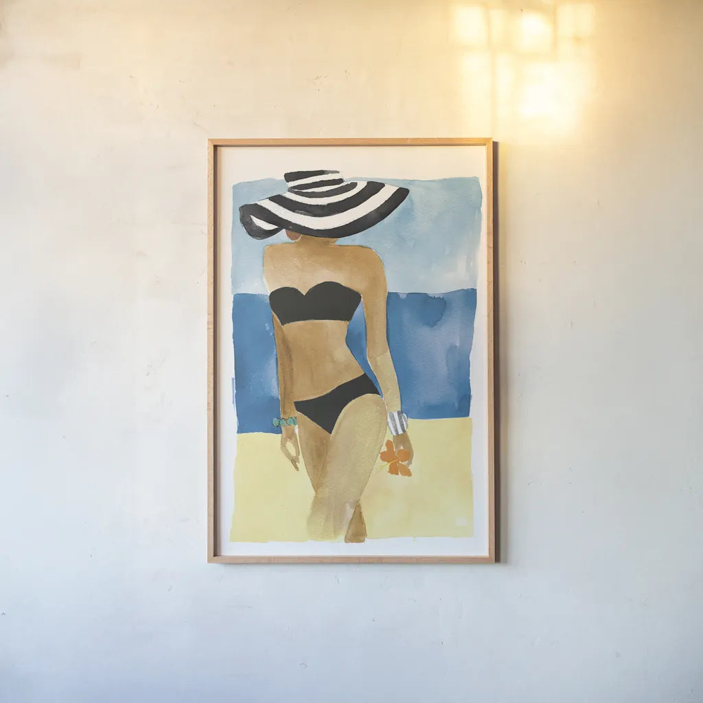 Mallorca Girl No Words by Mercedes Lopez Charro. shown as a paper print in a natural frame. Available as a archival giclee rolled canvas, fine art paper, or poster print. SKU 81062h.
