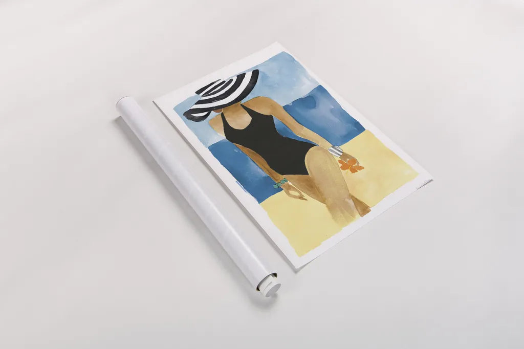 Mallorca Girl One Piece by Mercedes Lopez Charro. shown as a rolled paper print. Available as archival giclee rolled canvas, fine art paper, or poster print. SKU 98157h.