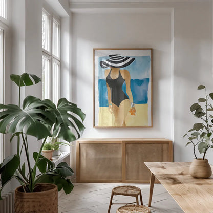 Mallorca Girl One Piece by Mercedes Lopez Charro. shown as a print in a natural wood frame in a dining room. Available as a archival giclee rolled canvas, fine art paper, or poster print. SKU 98157h.