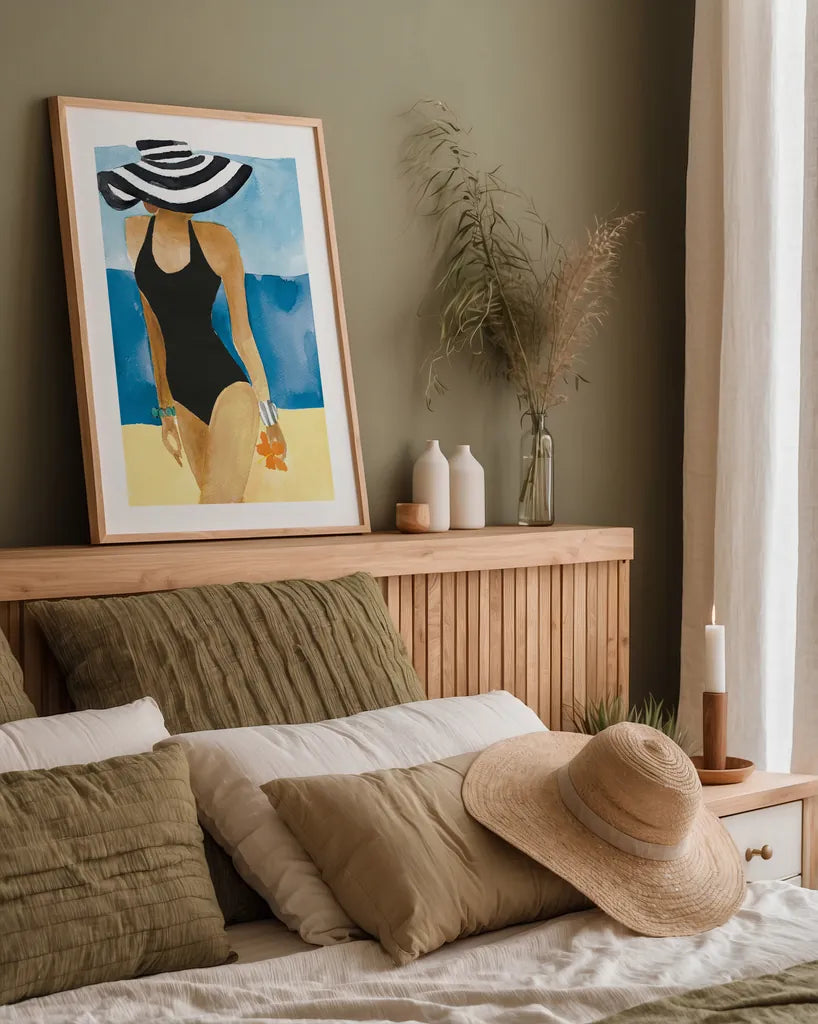 Mallorca Girl One Piece by Mercedes Lopez Charro. shown as a paper print in a natural frame. Available as a archival giclee rolled canvas, fine art paper, or poster print. SKU 98157h.