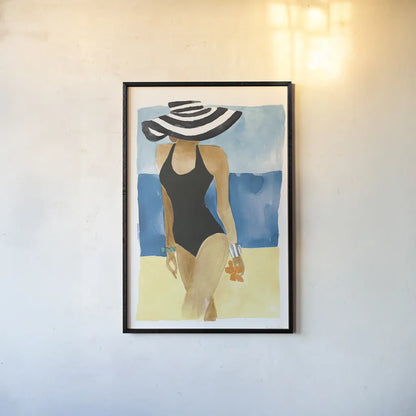 Mallorca Girl One Piece by Mercedes Lopez Charro. shown as a paper print in a black flame. Available as a archival giclee rolled canvas, fine art paper, or poster print. SKU 98157h.