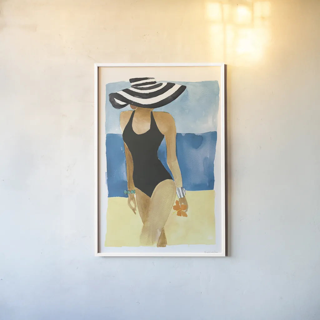 Mallorca Girl One Piece by Mercedes Lopez Charro. shown as a paper print in a white frame. Available as a archival giclee rolled canvas, fine art paper, or poster print. SKU 98157h.