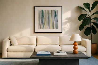 Matcha Morning by Mercedes Lopez Charro. Displayed in a glass frame with matte in a clean modern living room. Available as an archival giclee rolled canvas, fine art paper, or poster print. SKU 101401a.