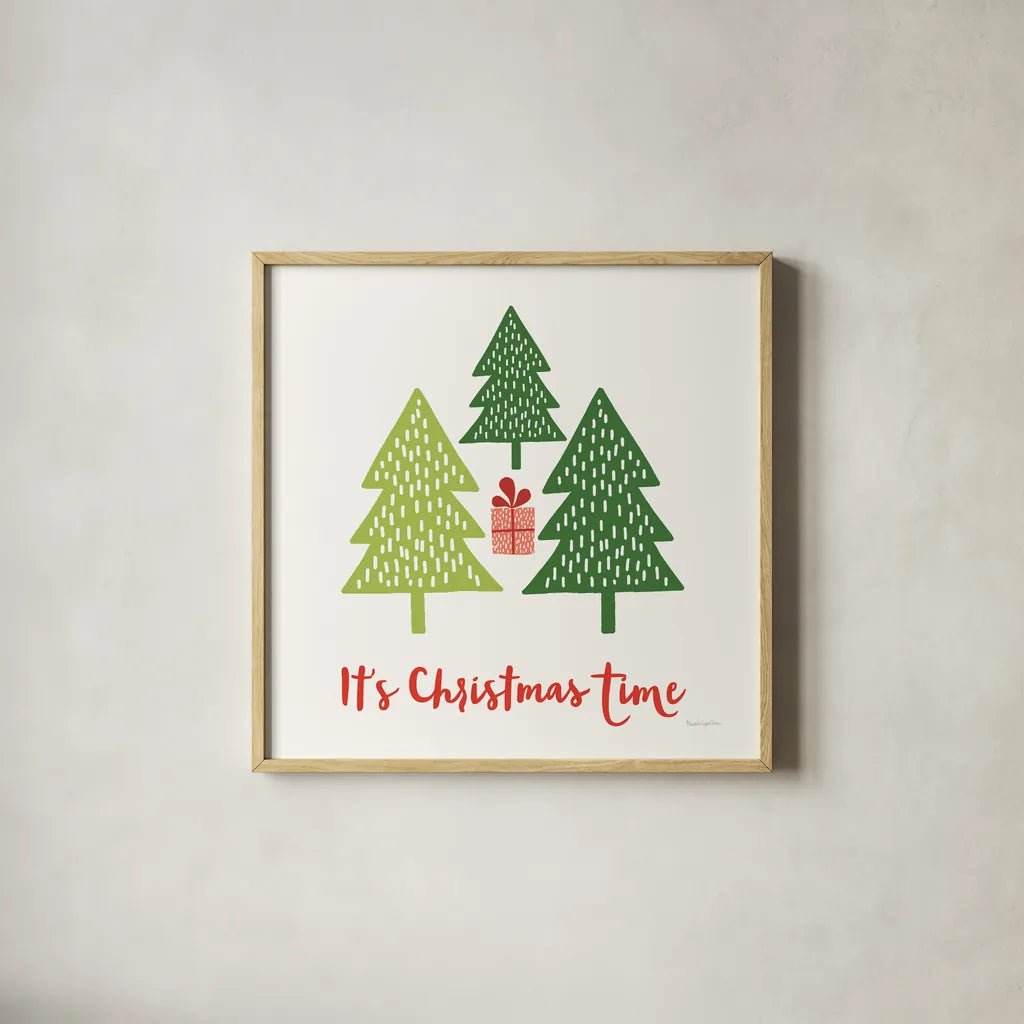 Merry Everything IV Script by Mercedes Lopez Charro. Shown in a natural wood glass frame for a timeless modern aesthetic. Available as an archival giclee rolled canvas, fine art paper, or poster print. SKU 79964a.