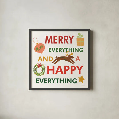 Merry Everything X by Mercedes Lopez Charro. Shown in a sleek black glass frame for a contemporary gallery look. Available as an archival giclee rolled canvas, fine art paper, or poster print. SKU 79836a.