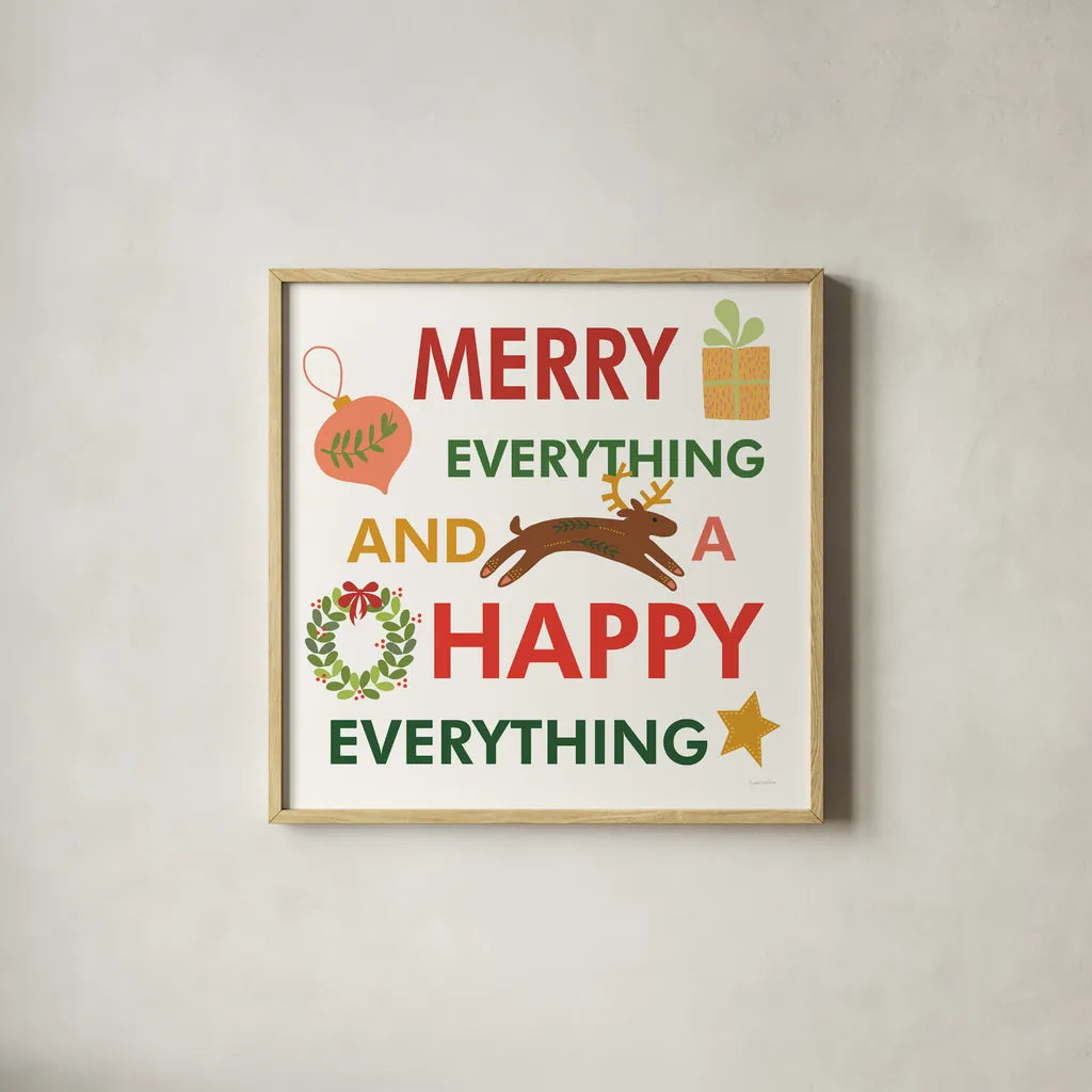 Merry Everything X by Mercedes Lopez Charro. Shown in a natural wood glass frame for a timeless modern aesthetic. Available as an archival giclee rolled canvas, fine art paper, or poster print. SKU 79836a.