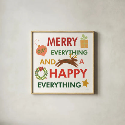 Merry Everything X by Mercedes Lopez Charro. Shown in a natural wood glass frame for a timeless modern aesthetic. Available as an archival giclee rolled canvas, fine art paper, or poster print. SKU 79836a.