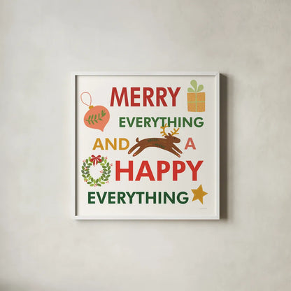 Merry Everything X by Mercedes Lopez Charro. Shown in a crisp white glass frame for a clean and minimalist style. Available as an archival giclee rolled canvas, fine art paper, or poster print. SKU 79836a.