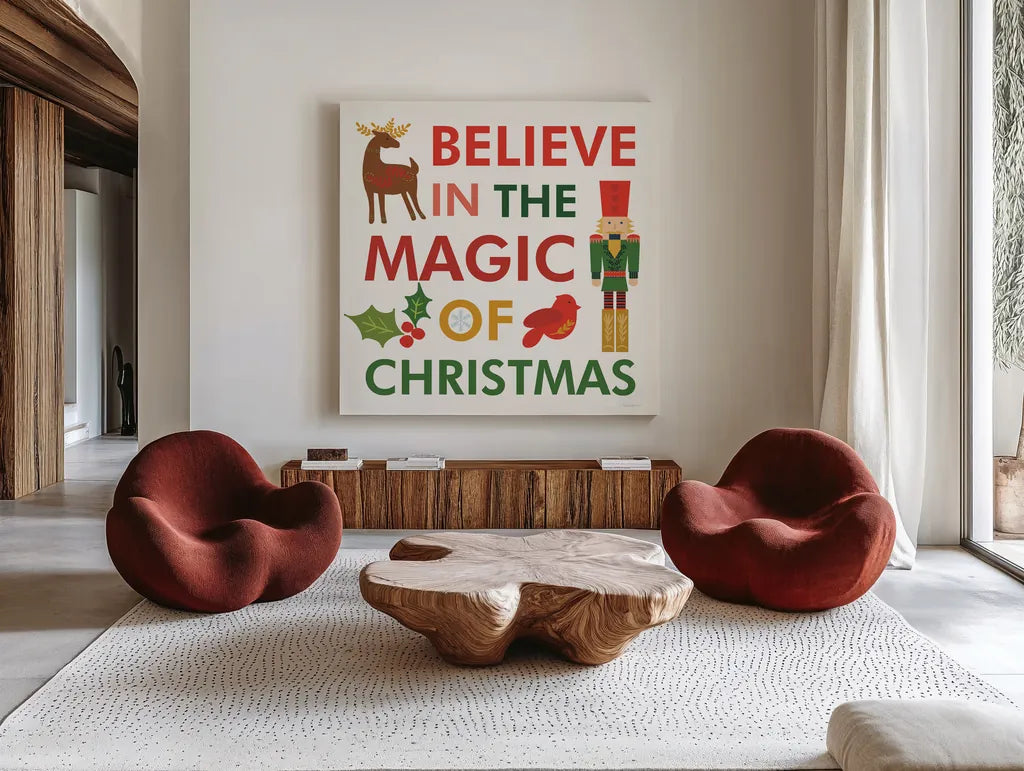 Merry Everything XII by Mercedes Lopez Charro. Shown as extra-large giant wall art in a modern living room. Available as an archival giclee rolled canvas, fine art paper, or poster print. SKU 79838a.