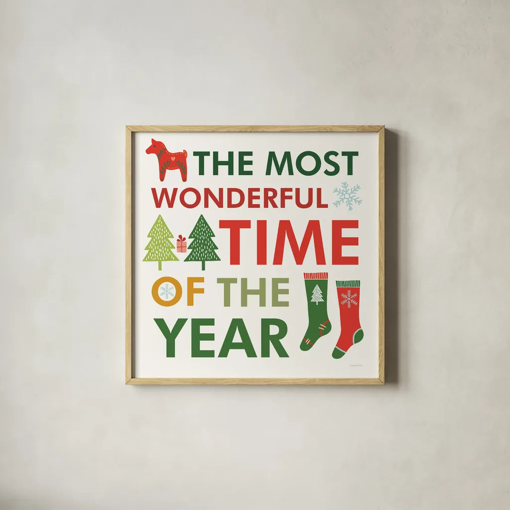 Merry Everything XIII by Mercedes Lopez Charro. Shown in a natural wood glass frame for a timeless modern aesthetic. Available as an archival giclee rolled canvas, fine art paper, or poster print. SKU 79839a.