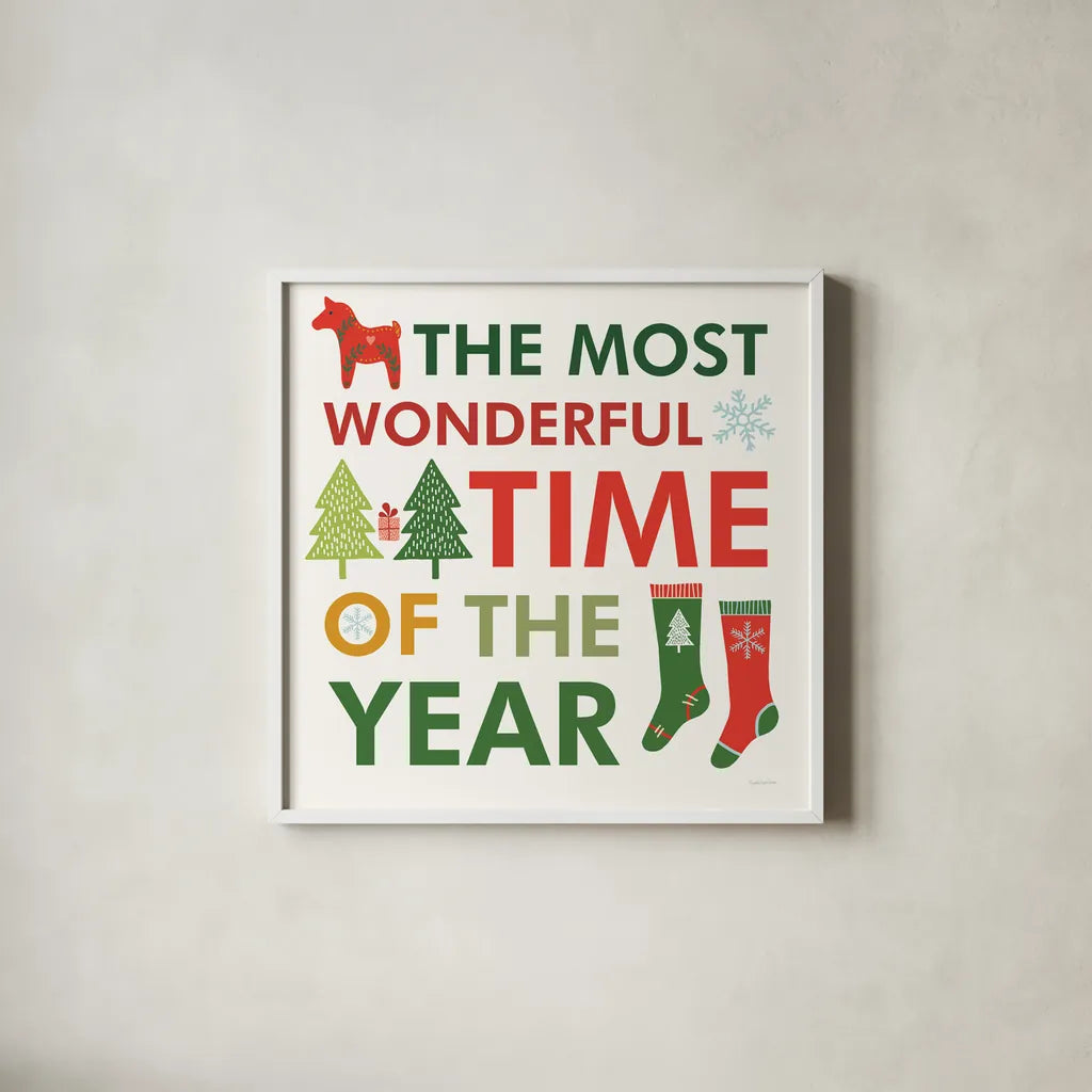 Merry Everything XIII by Mercedes Lopez Charro. Shown in a crisp white glass frame for a clean and minimalist style. Available as an archival giclee rolled canvas, fine art paper, or poster print. SKU 79839a.