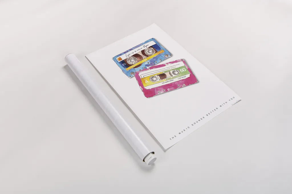 Mixtape Love by Mercedes Lopez Charro. shown as a rolled paper print. Available as archival giclee rolled canvas, fine art paper, or poster print. SKU 77128h.