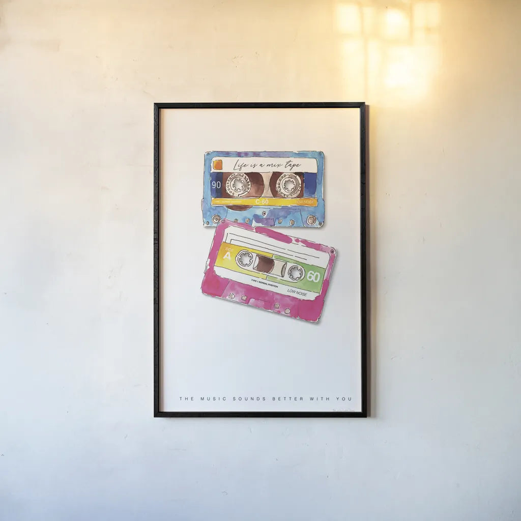 Mixtape Love by Mercedes Lopez Charro. shown as a paper print in a black flame. Available as a archival giclee rolled canvas, fine art paper, or poster print. SKU 77128h.