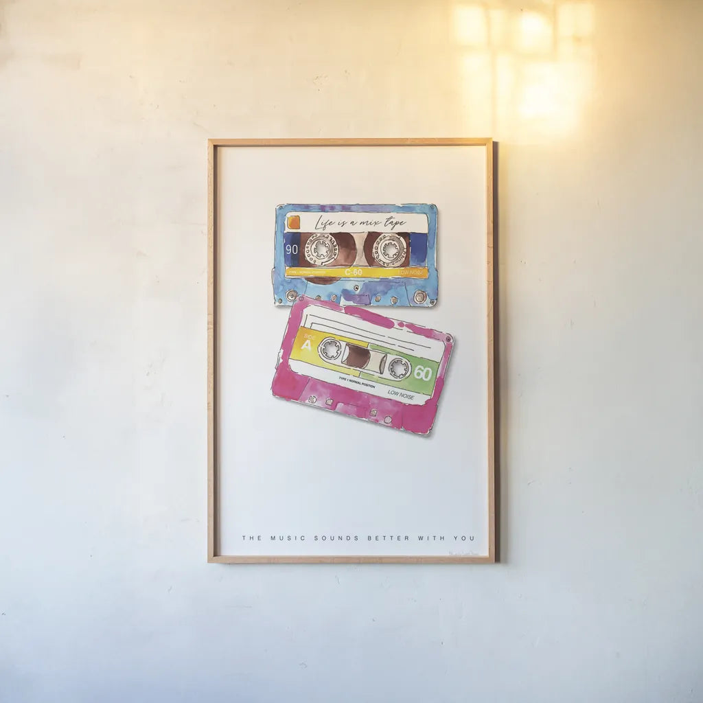 Mixtape Love by Mercedes Lopez Charro. shown as a paper print in a natural frame. Available as a archival giclee rolled canvas, fine art paper, or poster print. SKU 77128h.