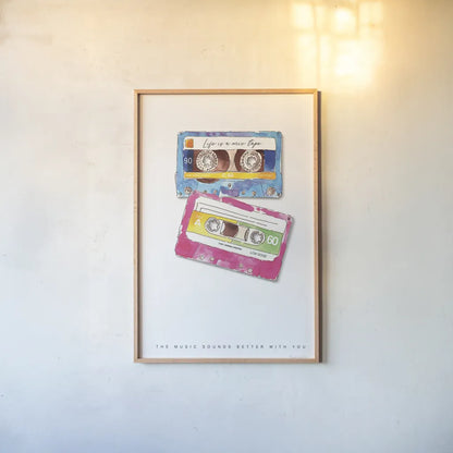Mixtape Love by Mercedes Lopez Charro. shown as a paper print in a natural frame. Available as a archival giclee rolled canvas, fine art paper, or poster print. SKU 77128h.