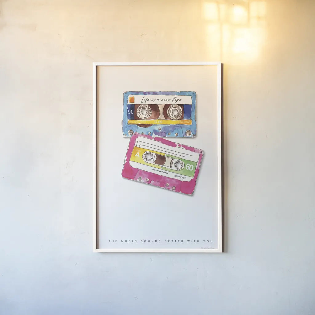 Mixtape Love by Mercedes Lopez Charro. shown as a paper print in a white frame. Available as a archival giclee rolled canvas, fine art paper, or poster print. SKU 77128h.