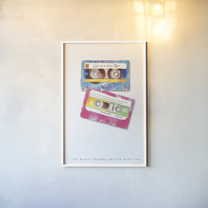 Mixtape Love by Mercedes Lopez Charro. shown as a paper print in a white frame. Available as a archival giclee rolled canvas, fine art paper, or poster print. SKU 77128h.