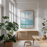 Morning Swim by Mercedes Lopez Charro. shown as a print in a natural wood frame in a dining room. Available as a archival giclee rolled canvas, fine art paper, or poster print. SKU 70161h.
