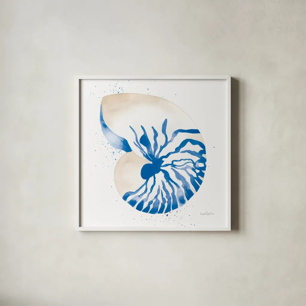 Nautilus Sq by Mercedes Lopez Charro. Shown in a crisp white glass frame for a clean and minimalist style. Available as an archival giclee rolled canvas, fine art paper, or poster print. SKU 70065a.