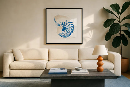 Nautilus Sq by Mercedes Lopez Charro. Displayed in a glass frame with matte in a clean modern living room. Available as an archival giclee rolled canvas, fine art paper, or poster print. SKU 70065a.