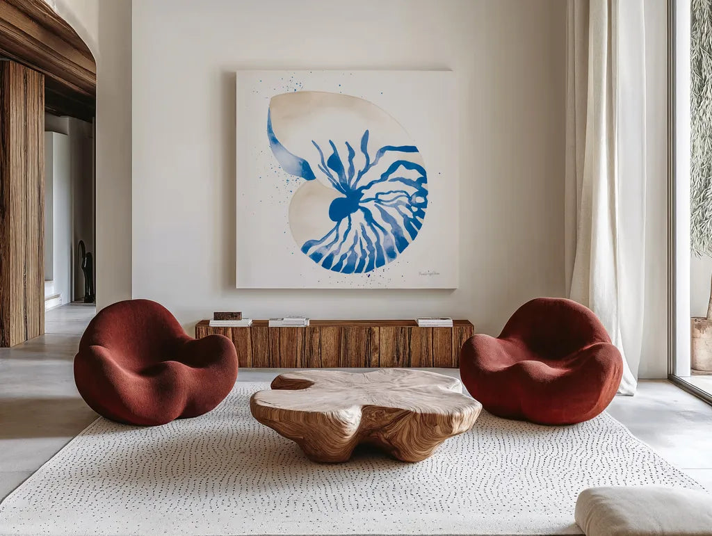 Nautilus Sq by Mercedes Lopez Charro. Shown as extra-large giant wall art in a modern living room. Available as an archival giclee rolled canvas, fine art paper, or poster print. SKU 70065a.