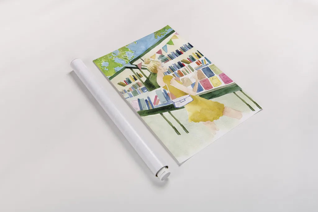 Never Enough Books I by Mercedes Lopez Charro. shown as a rolled paper print. Available as archival giclee rolled canvas, fine art paper, or poster print. SKU 98644h.