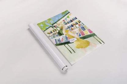 Never Enough Books I by Mercedes Lopez Charro. shown as a rolled paper print. Available as archival giclee rolled canvas, fine art paper, or poster print. SKU 98644h.