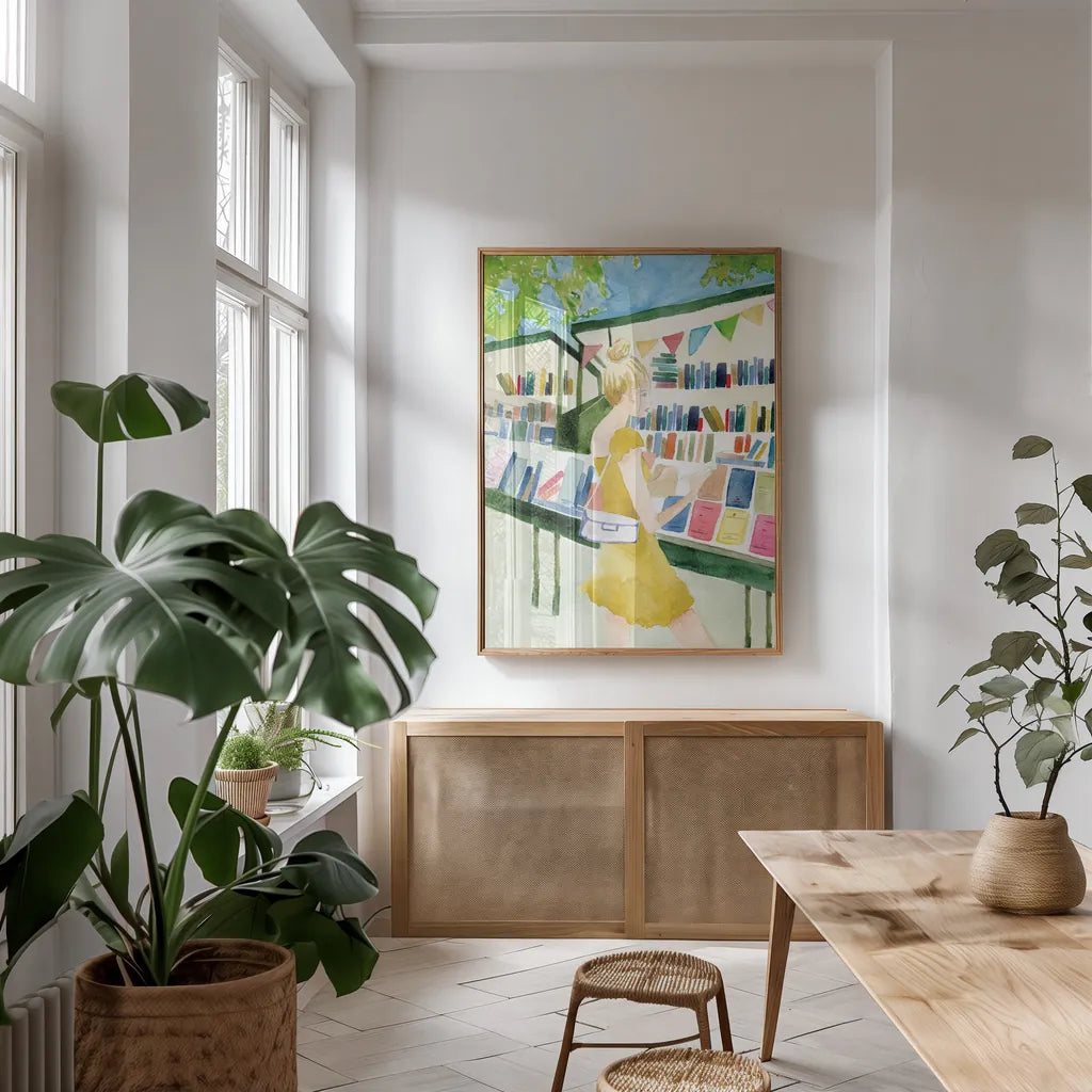 Never Enough Books I by Mercedes Lopez Charro. shown as a print in a natural wood frame in a dining room. Available as a archival giclee rolled canvas, fine art paper, or poster print. SKU 98644h.