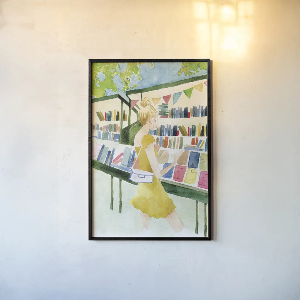 Never Enough Books I by Mercedes Lopez Charro. shown as a paper print in a black flame. Available as a archival giclee rolled canvas, fine art paper, or poster print. SKU 98644h.