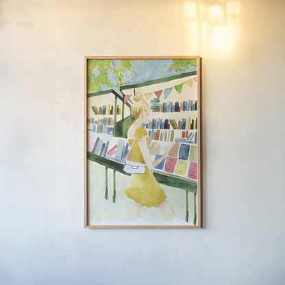 Never Enough Books I by Mercedes Lopez Charro. shown as a paper print in a natural frame. Available as a archival giclee rolled canvas, fine art paper, or poster print. SKU 98644h.