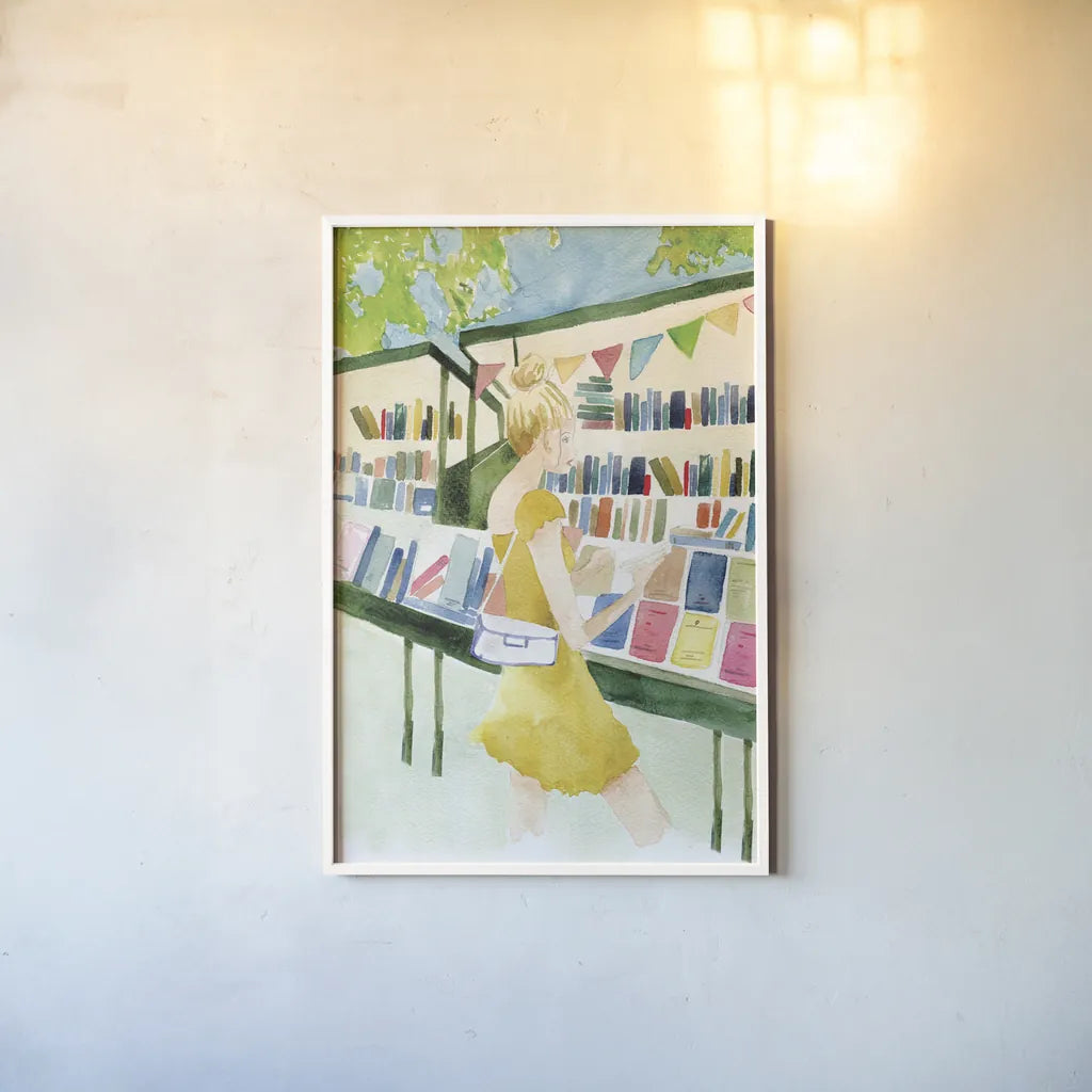 Never Enough Books I by Mercedes Lopez Charro. shown as a paper print in a white frame. Available as a archival giclee rolled canvas, fine art paper, or poster print. SKU 98644h.