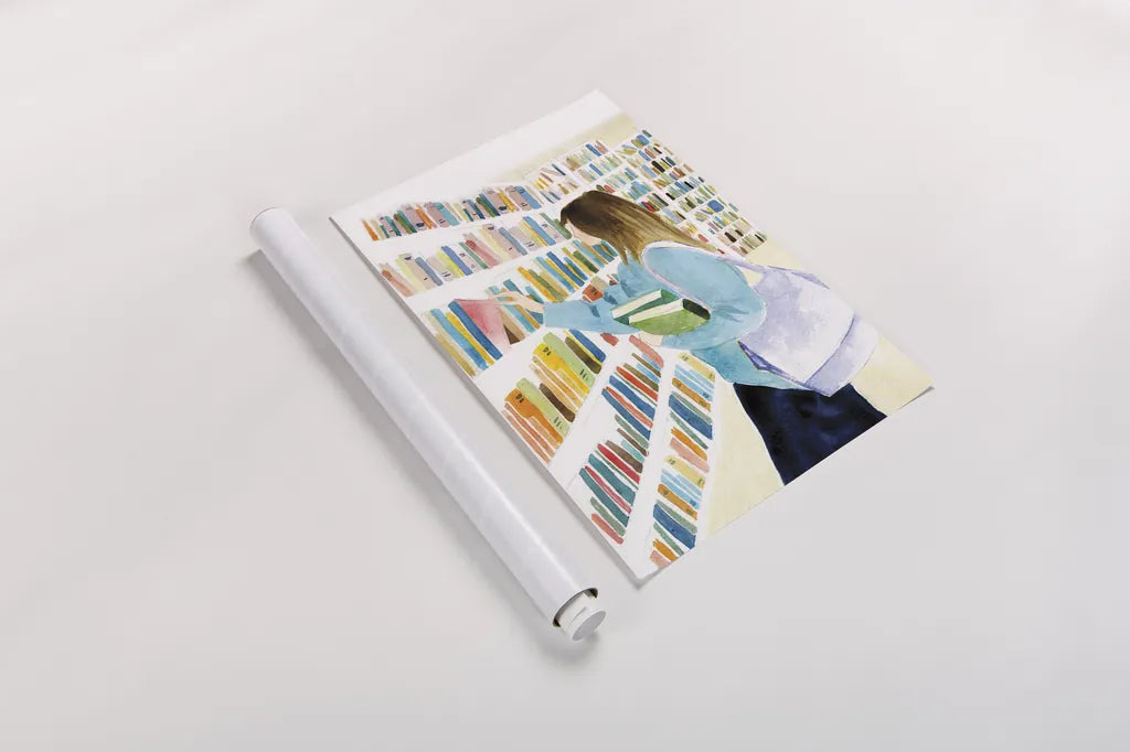 Never Enough Books II by Mercedes Lopez Charro. shown as a rolled paper print. Available as archival giclee rolled canvas, fine art paper, or poster print. SKU 98645h.