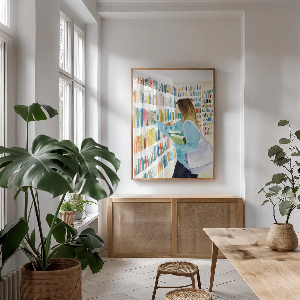 Never Enough Books II by Mercedes Lopez Charro. shown as a print in a natural wood frame in a dining room. Available as a archival giclee rolled canvas, fine art paper, or poster print. SKU 98645h.